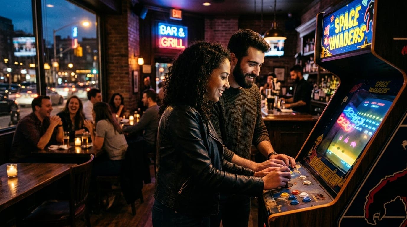 A couple stands side-by-side playing a vintage arcade cabinet at a dimly lit gastropub. Selective focus highlights their h...
