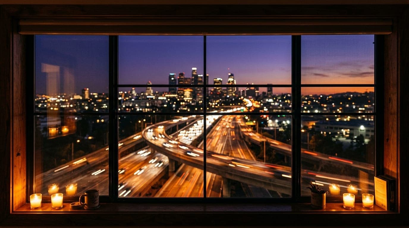 A symmetric, medium shot from a warm, candle-lit room looking out onto the 15/210 interchange at dusk. The city lights blu...
