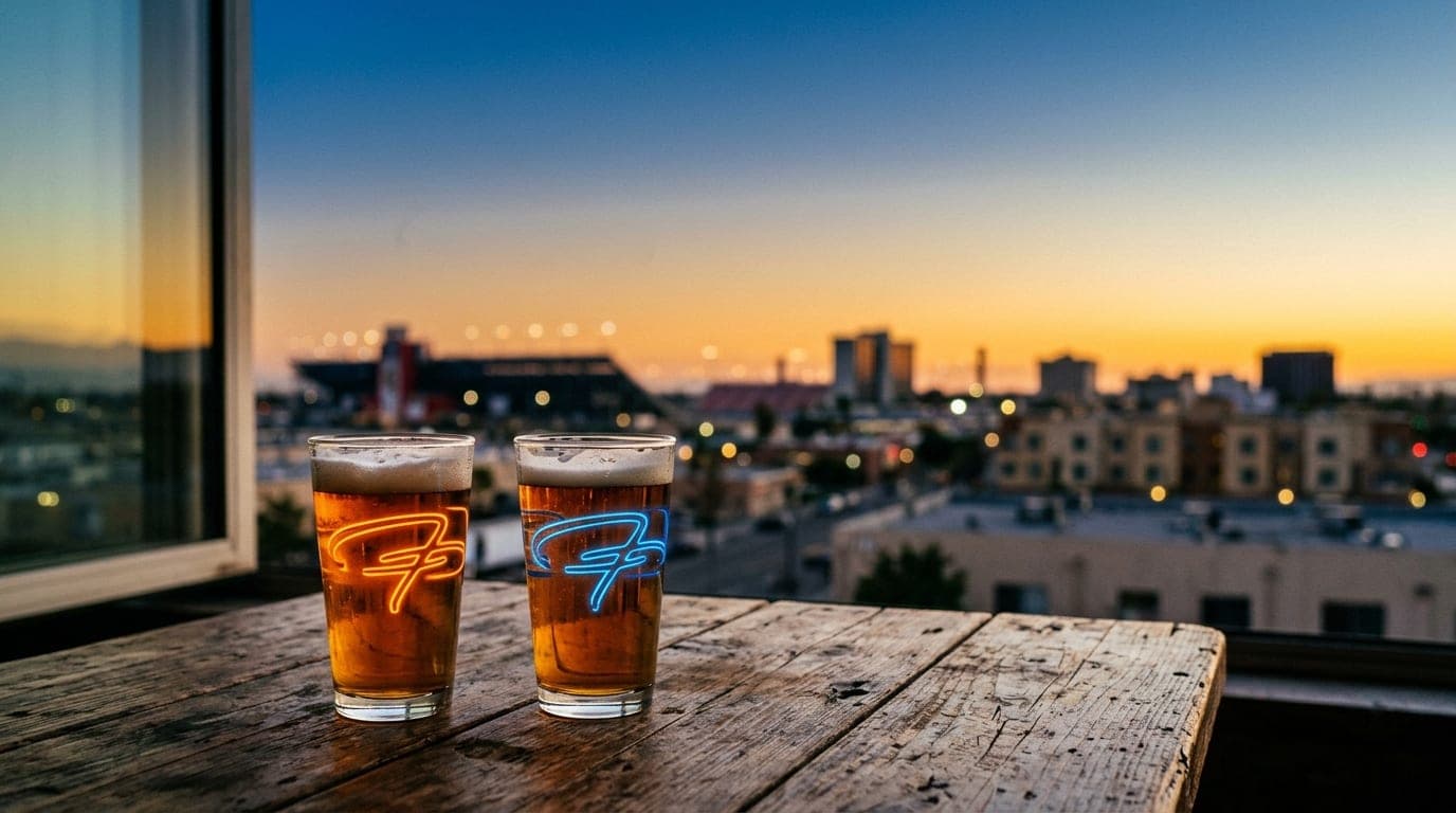 A close-up, natural light shot of a rustic wooden table featuring two neon-lit beer glasses from a local taproom, position...