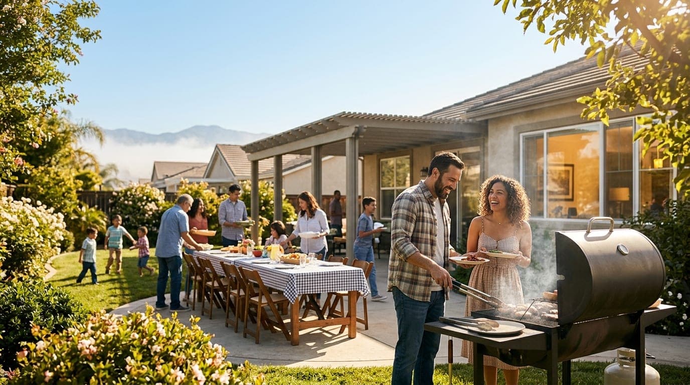 Wide establishing shot of a sun-drenched backyard barbecue in Fontana. A couple stands near a steaming grill, laughing whi...