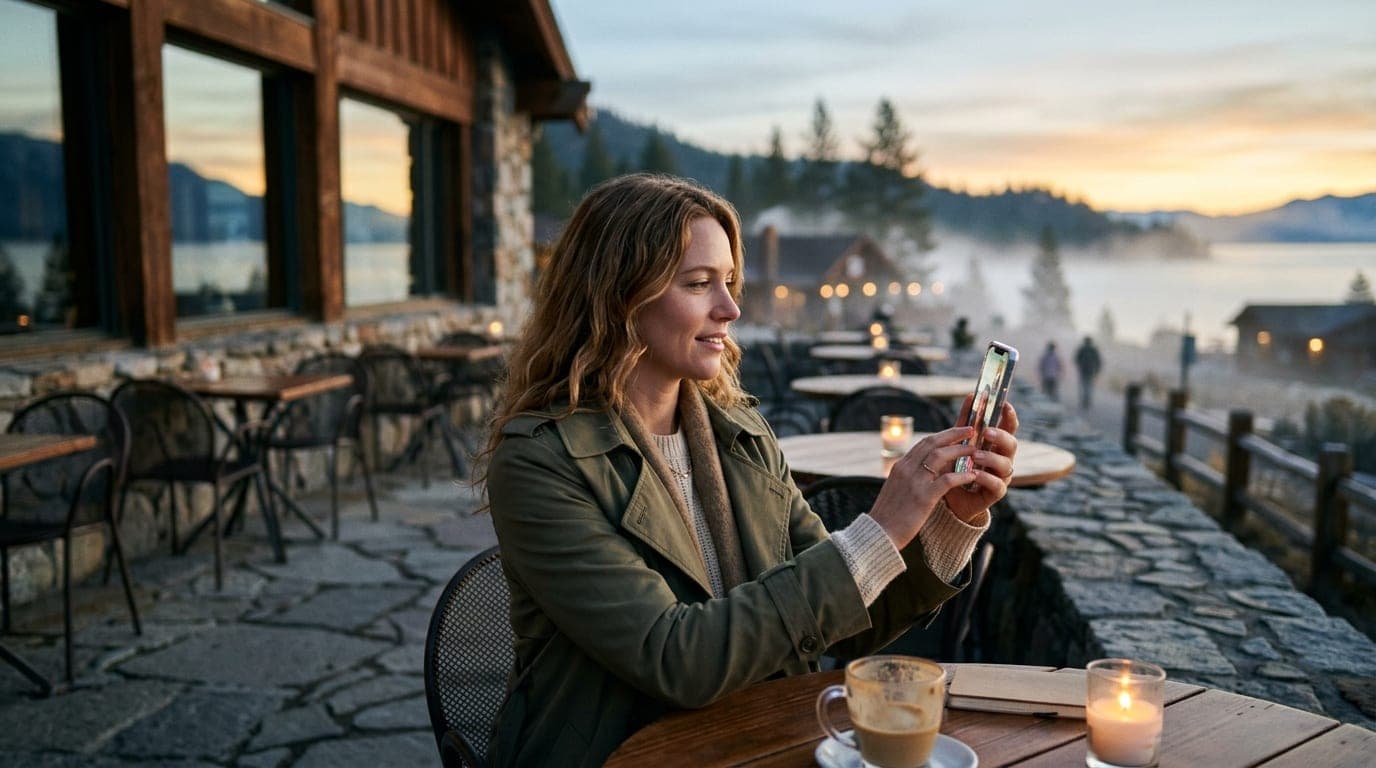 Medium shot, tilt-shift focus. A woman in a trench coat sits at a sunlit Sierra Lakes cafe table, holding a glowing smartp...