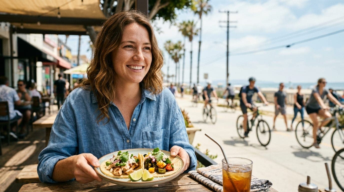 A woman in a casual linen shirt smiles while holding a taco plate, sitting at a sun-drenched outdoor patio table overlooki...