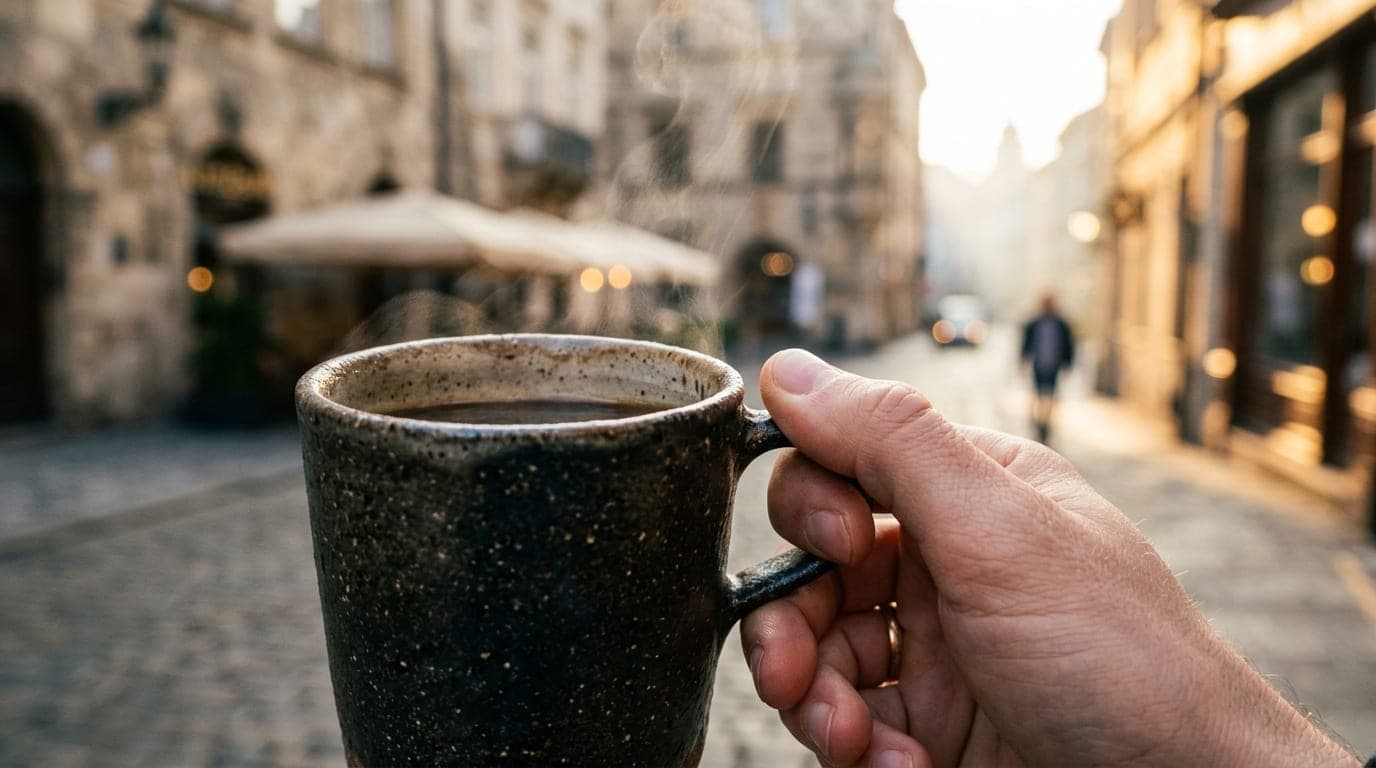Extreme close-up macro, 100mm, golden hour. A hand holds a ceramic mug from Mi Cafecito, steam rising against a blurred, s...