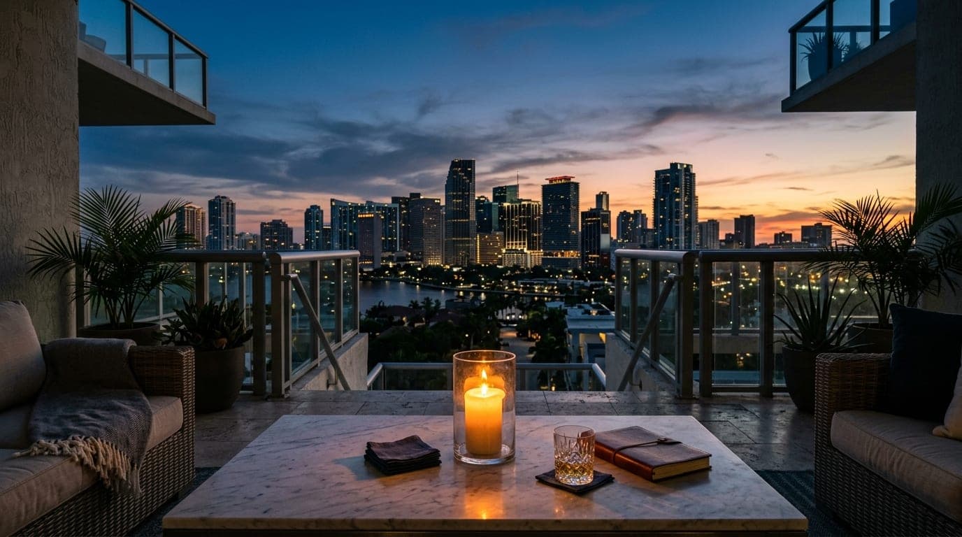 A centered 24mm wide-angle shot of a luxury penthouse balcony at dusk. A flickering candle sits on a marble table, framing...