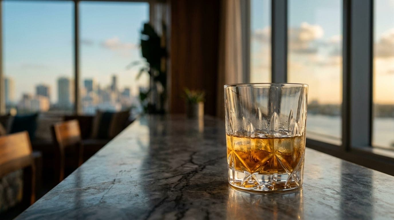 A half-empty crystal tumbler sits on a polished marble bar top. In the lower third, the sunlit, hazy silhouette of the For...
