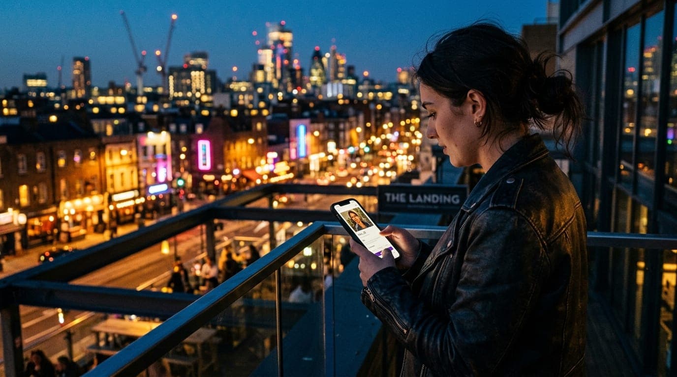 A woman in a leather jacket stands on a balcony at The Landing. She checks a smartphone displaying a Feeld profile, with t...