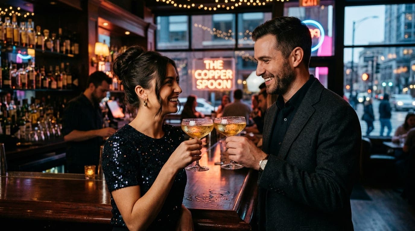 A couple stands at a polished mahogany bar inside The Copper Spoon, clinking crystal coupe glasses. Low-angle shot, soft a...