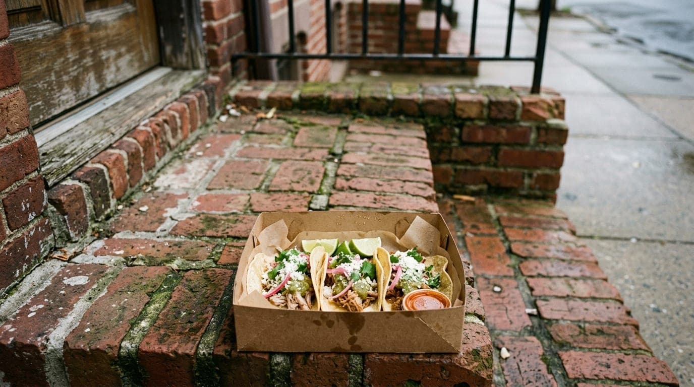 A 50mm natural perspective shot of a takeaway taco box from Union Street Market resting on a weathered brick stoop in an o...
