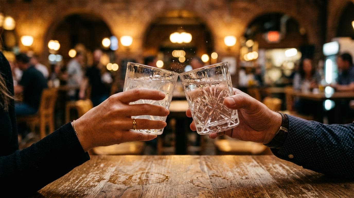 A 100mm macro shot captures two hands clinking crystal cocktail glasses at a high-top table in Mercado, with the blurred,...
