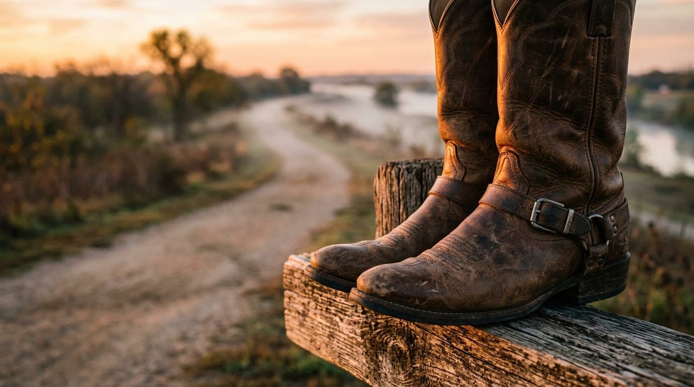 Golden hour sunlight hits a pair of leather cowboy boots resting on a weathered wooden fence rail, with a blurred Trinity...