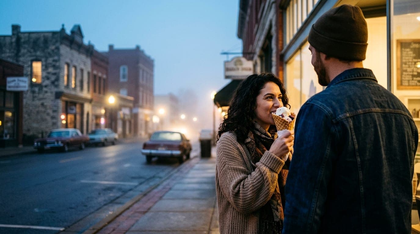 Blue hour light catches a couple sharing a waffle cone of ice cream outside a Magnolia Avenue storefront. They stand offse...