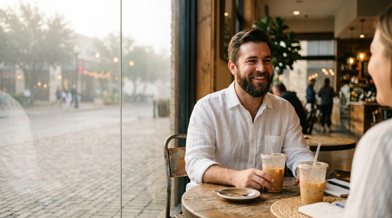 A man in a crisp white linen shirt sits at a sun-drenched Clearfork cafe table, two half-empty iced coffees beside him. He...