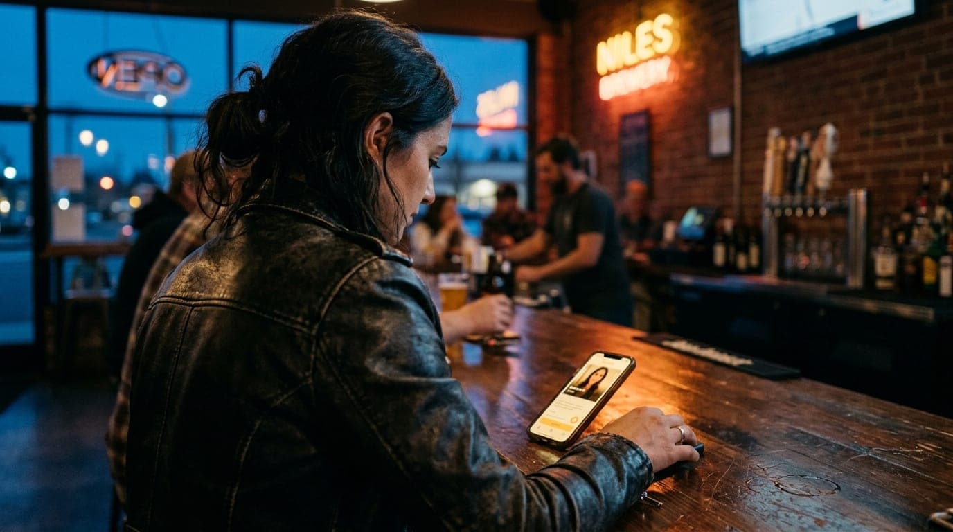 A woman in a leather jacket stands inside a dimly lit Niles District brewery. A smartphone showing a Bumble profile rests...