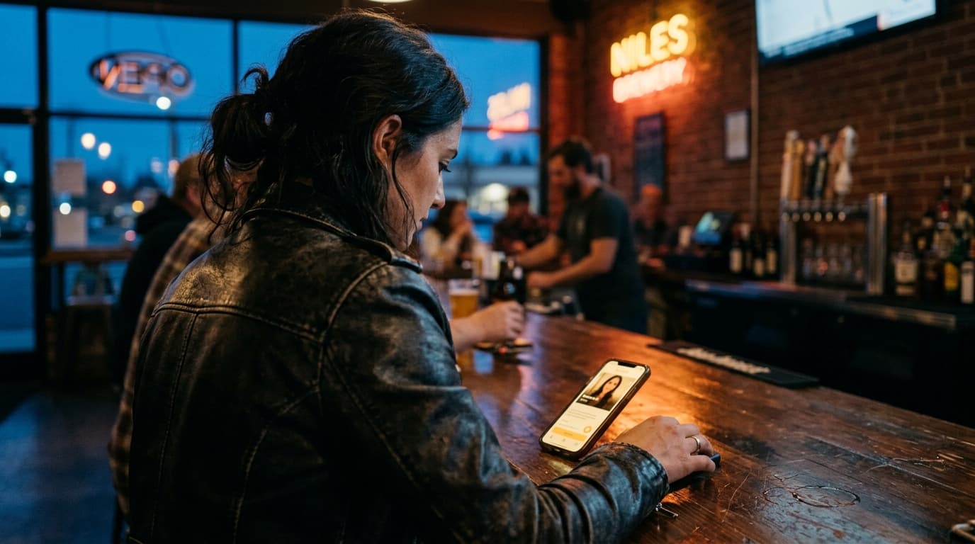 A woman in a leather jacket stands inside a dimly lit Niles District brewery. A smartphone showing a Bumble profile rests...