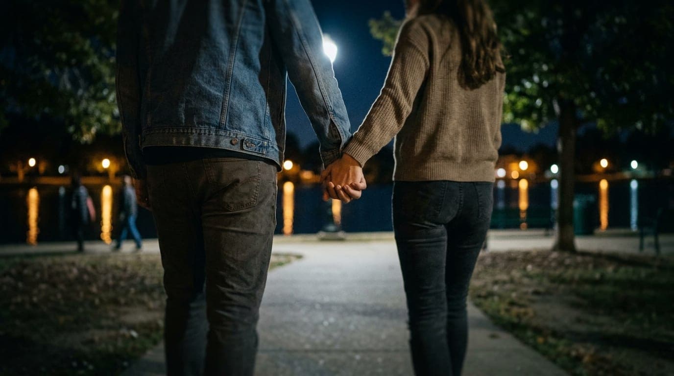 Low-angle hero shot of a couple walking along the moonlit path at Lake Elizabeth, selective focus on their joined hands, w...