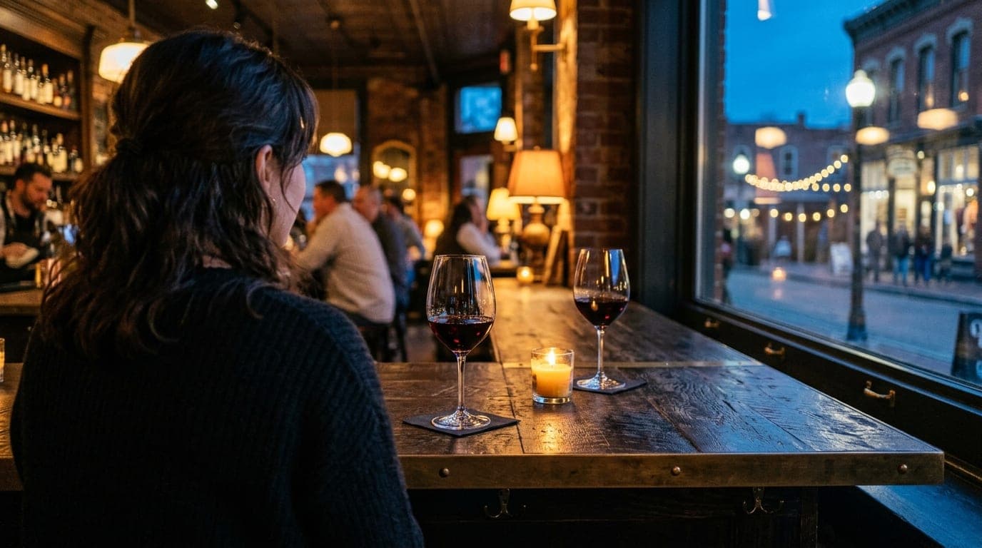 An over-the-shoulder view at a dimly lit Niles District wine bar. Two crystal glasses half-filled with red wine sit on a d...