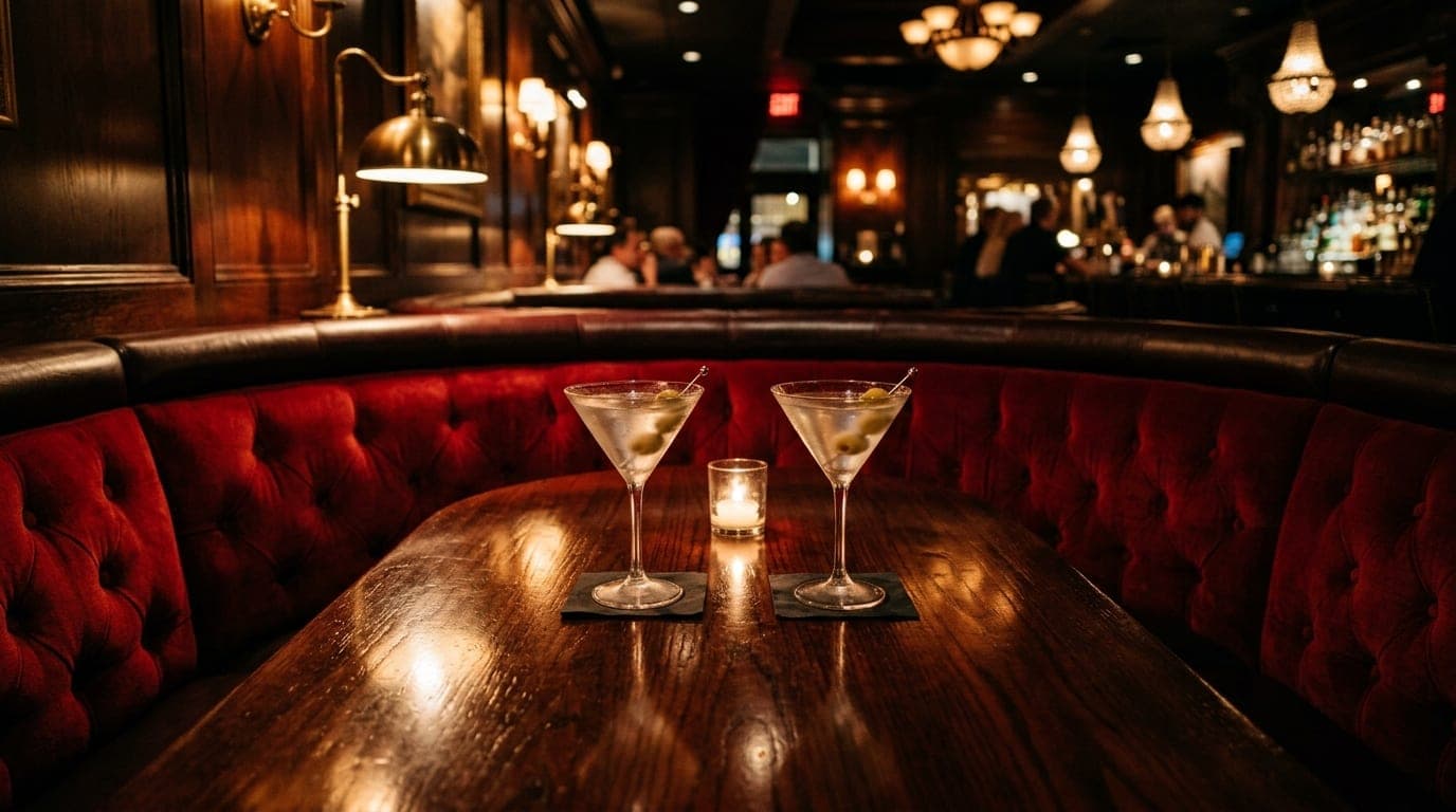 Low-angle hero shot of a dark leather crescent booth at Spin-A-Yarn Steakhouse. Two chilled martini glasses with olives si...