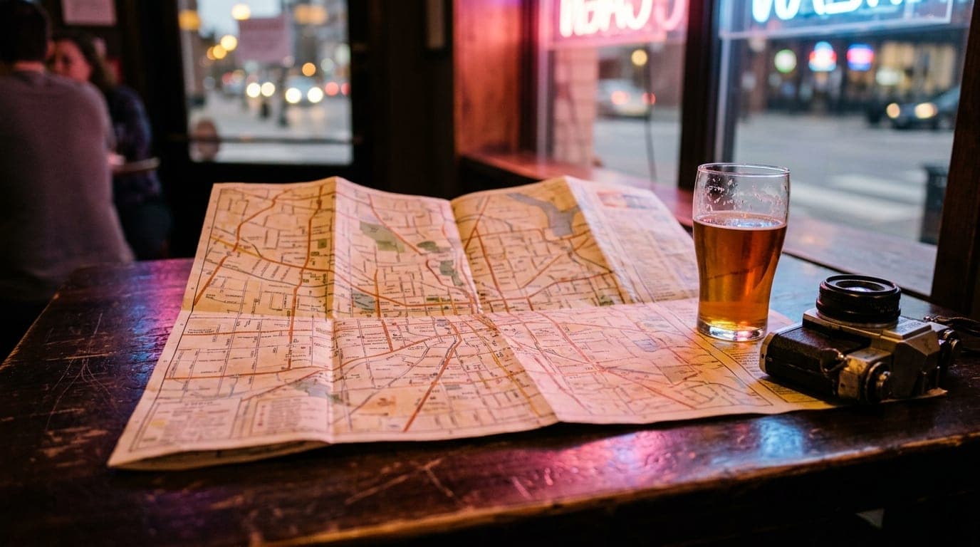 100mm macro shot of a worn paper map of Niles spread over a dark wooden bar table, next to a half-full pint of craft beer...