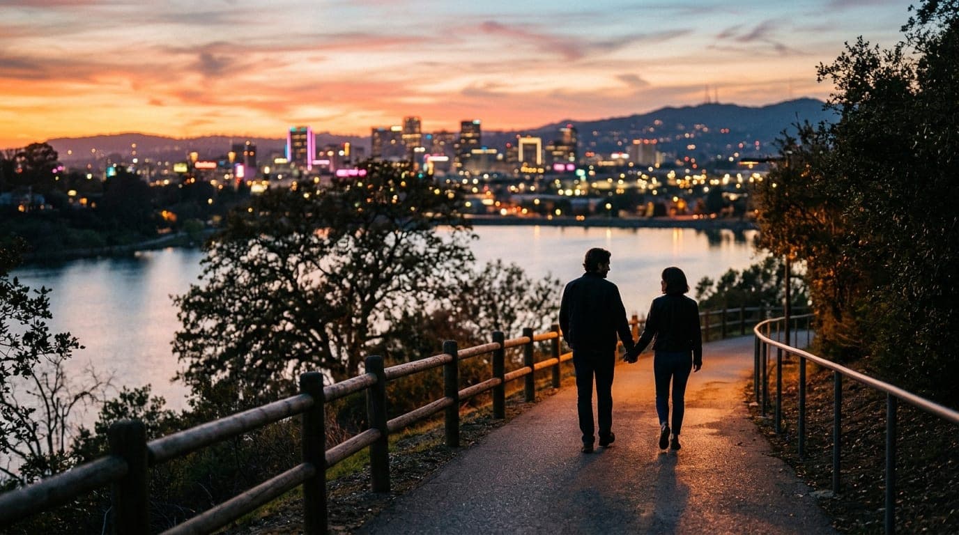 Wide establishing shot of a couple walking along the Lake Elizabeth trail at sunset, silhouettes against the vibrant Missi...