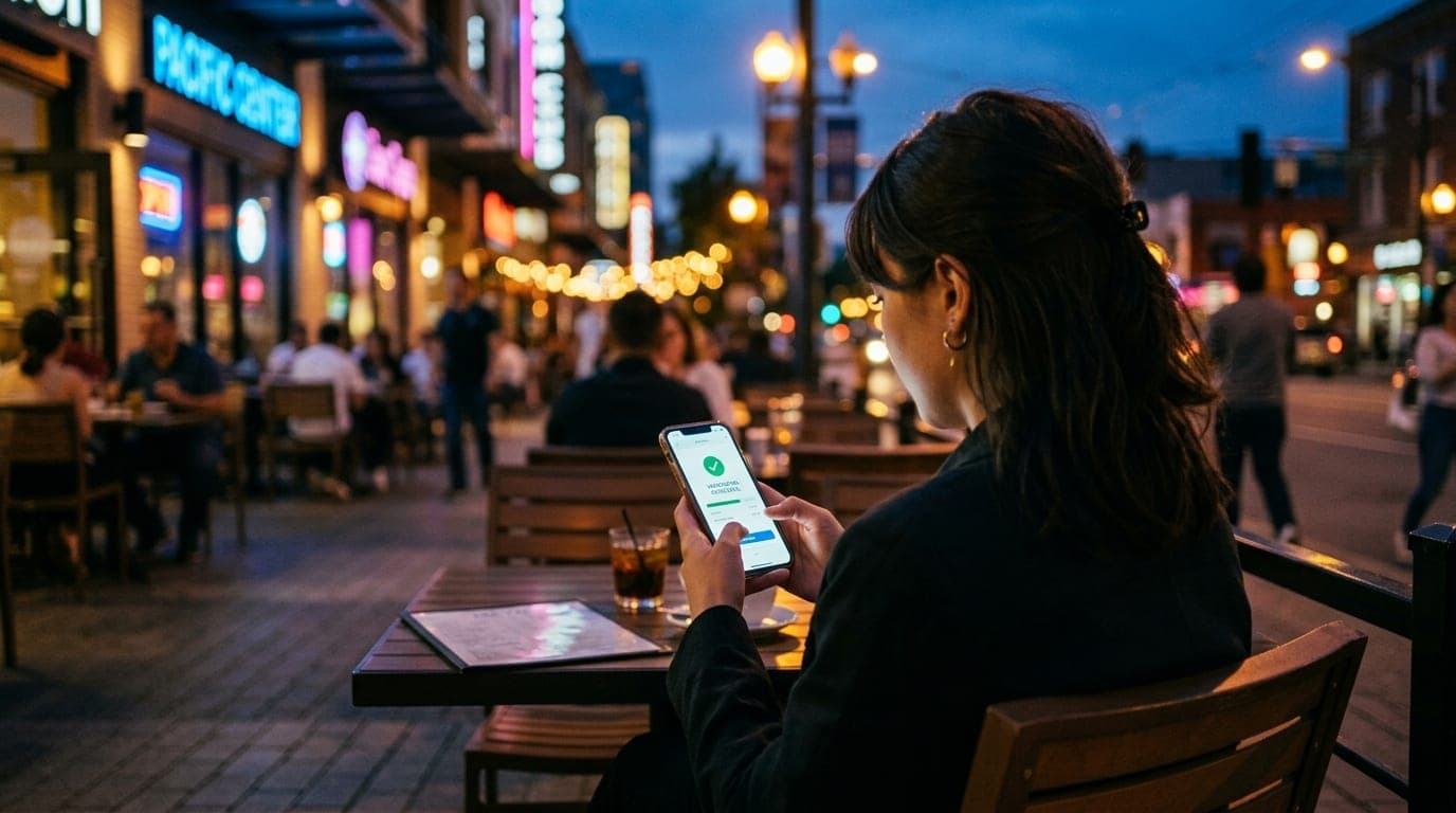 Over-the-shoulder view of a woman checking her phone verification app at a bustling Pacific Commons café. Blue hour city l...