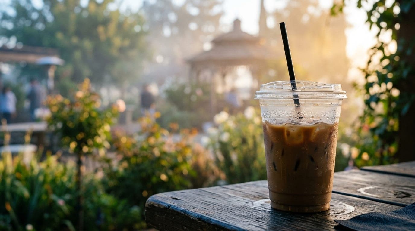 A 35mm documentary shot at golden hour captures an iced Dutch Bros cup resting on a sun-drenched cafe table at Gazebo Gard...