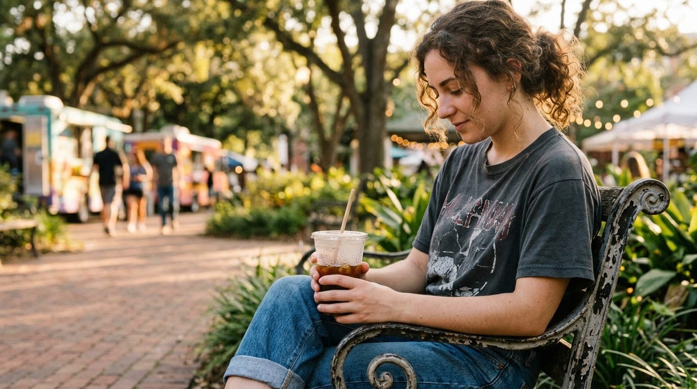 A woman in a vintage band tee sits on a wrought-iron bench at Gazebo Gardens during golden hour, holding a sweating iced c...