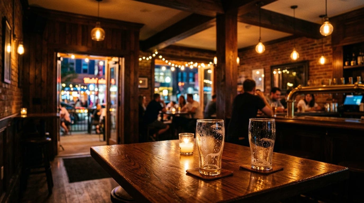 Wide-angle shot of a rustic brewery interior at night. Two empty pint glasses sit on a polished wood table, blurred city l...