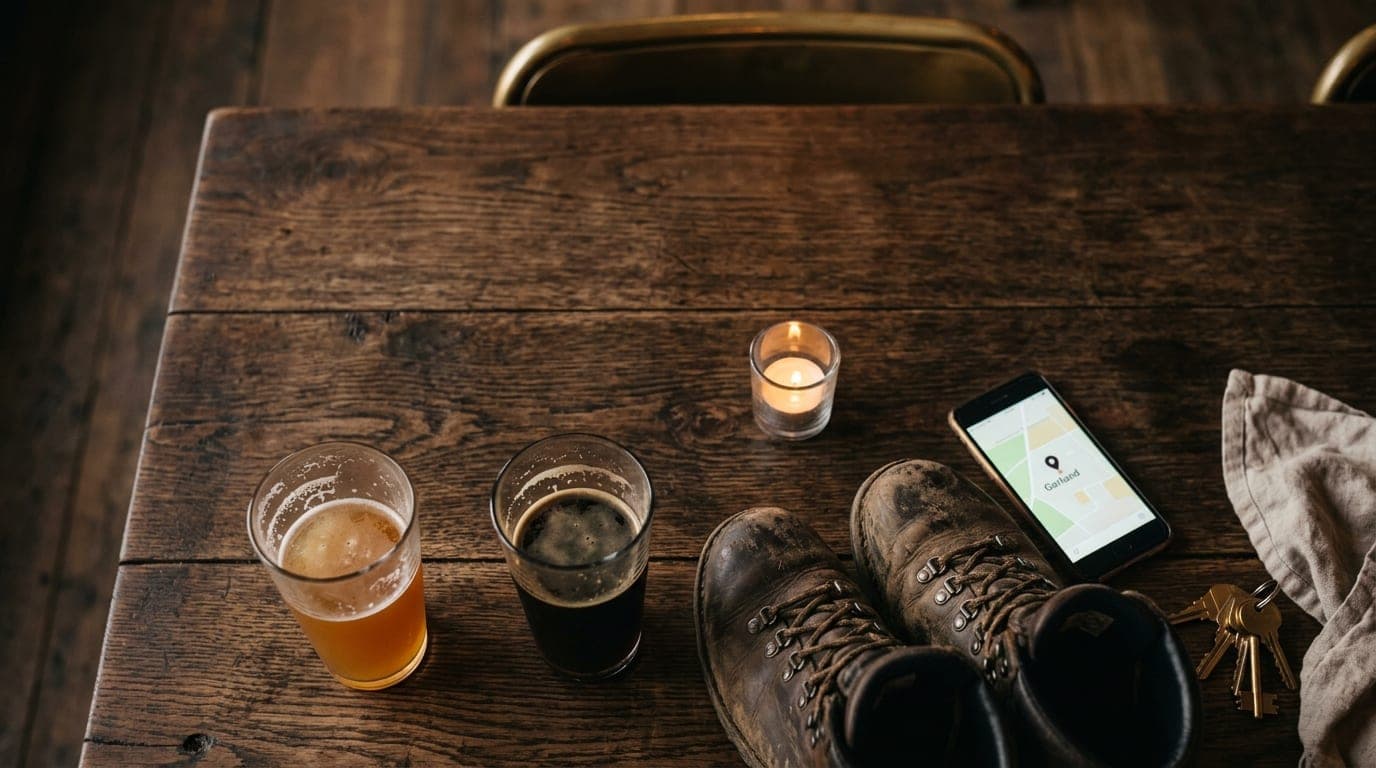 An overhead flat-lay of a rustic wooden table at a brewery. Two half-poured craft beers sit near a pair of hiking boots an...