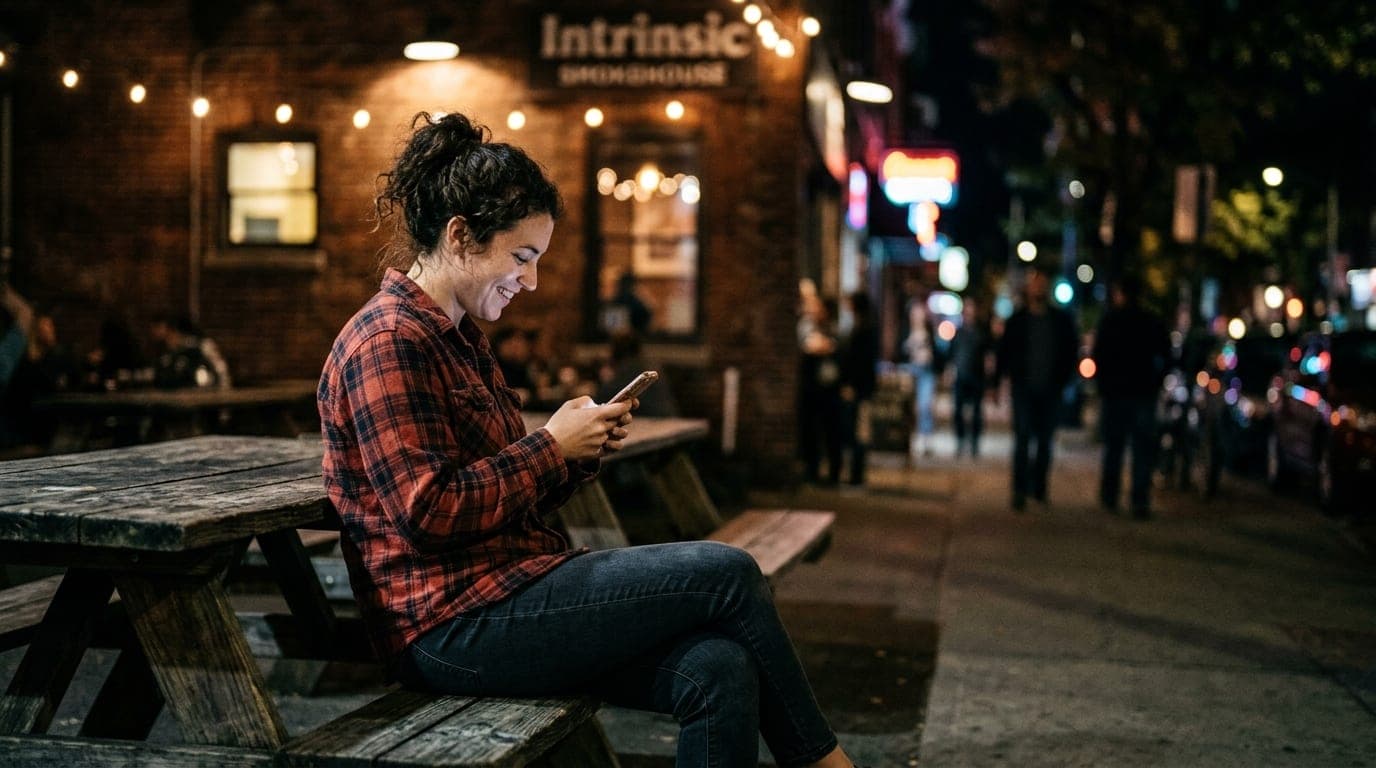 A woman in a flannel shirt sits on a weathered wooden picnic table at Intrinsic Smokehouse at night. She holds a glowing s...
