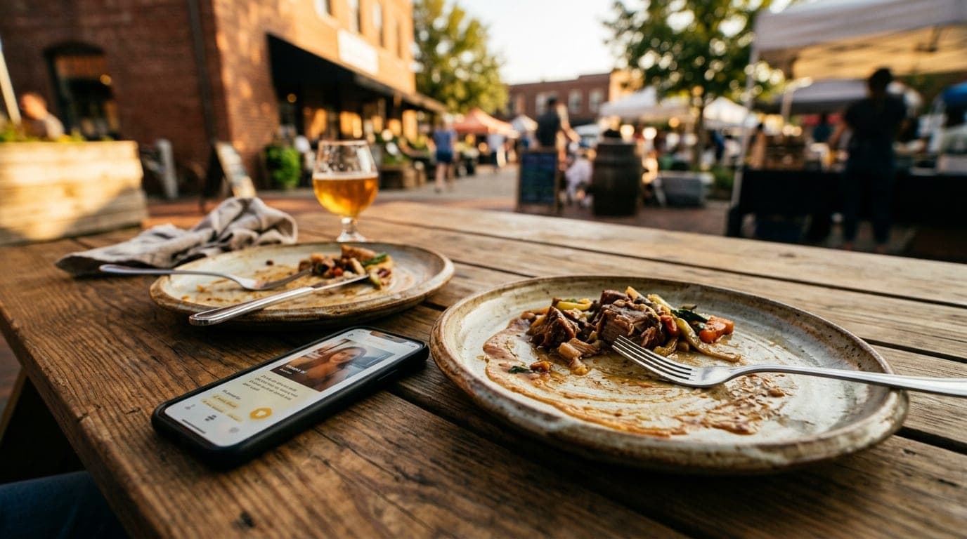 A 24mm wide-angle, golden hour shot of two artisan dinner plates at a rustic Liberty Market outdoor table. A half-eaten go...