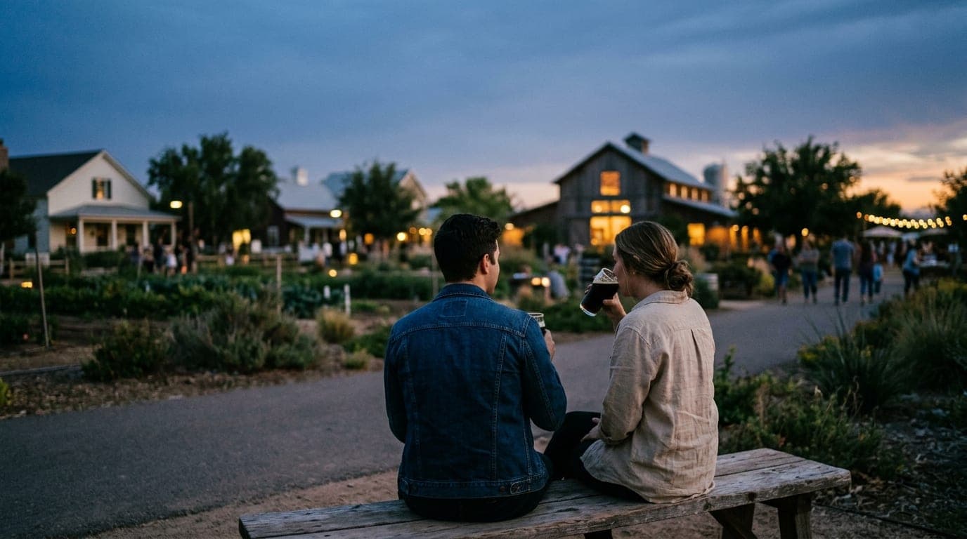 A couple sits on a wooden bench at Agritopia, sipping craft beers as sunset fades. One wears a linen button-down, the othe...