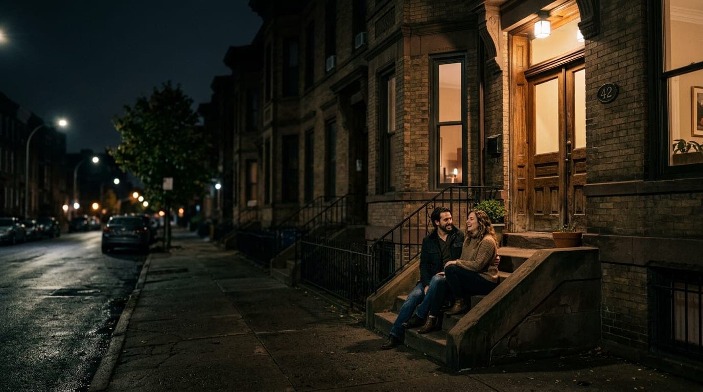 A wide shot at night shows a couple sitting on the concrete steps of a Heritage District brownstone, illuminated by warm t...