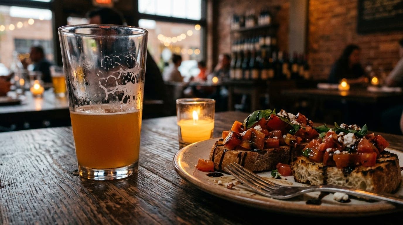 A 100mm macro shot captures a half-empty glass of amber craft beer and a shared plate of bruschetta on a dark wood table a...