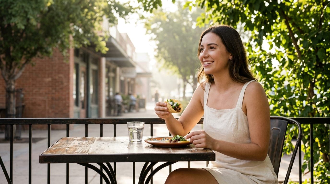 A woman in a cream linen sundress sits at a bistro table in Gilbert’s Heritage District, holding a taco and smiling toward...