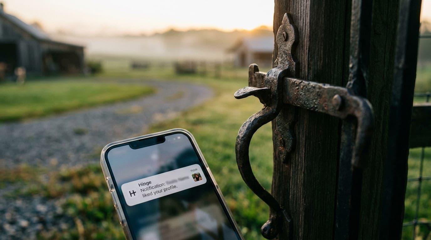 An extreme close-up of a rustic metal gate latch at the Agritopia farm, golden hour light hitting a Hinge notification on...