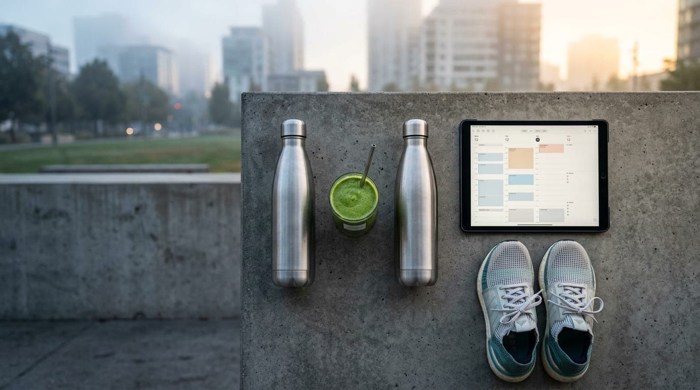 Centered overhead flat-lay of two stainless steel water bottles and a green smoothie on a polished concrete table, flanked...