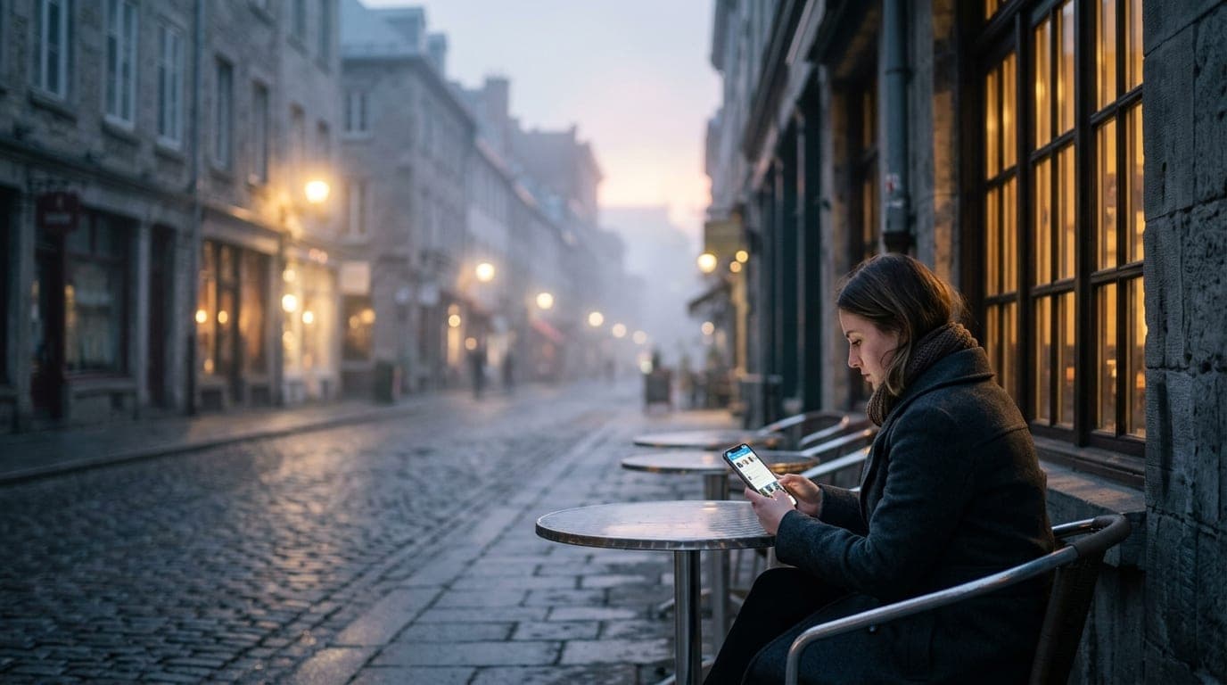 A woman sits alone at an outdoor Heritage District patio table at night. Her smartphone screen glows, illuminating a socia...