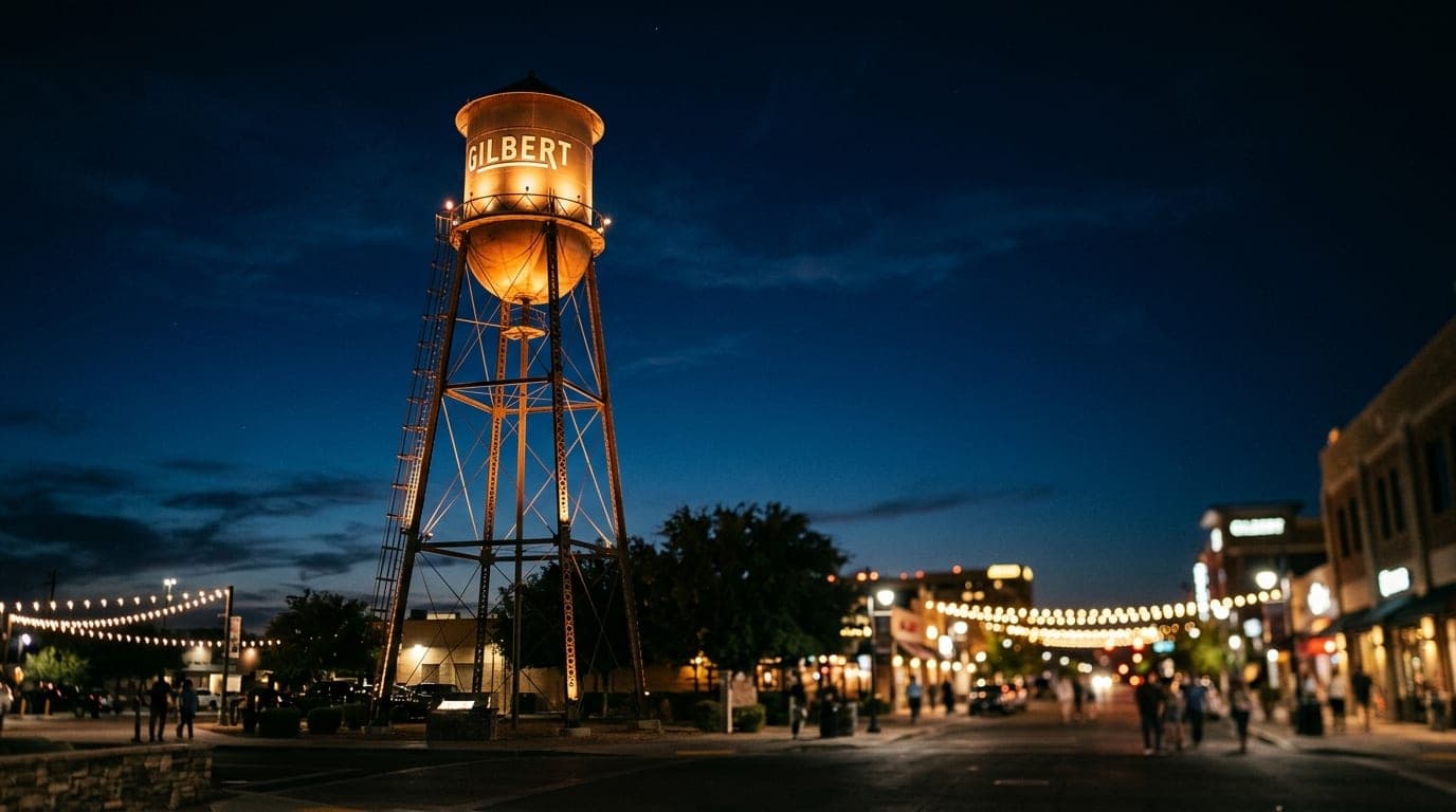A low-angle, 85mm hero shot of the illuminated water tower in Gilbert’s Heritage District at midnight. The structure looms...