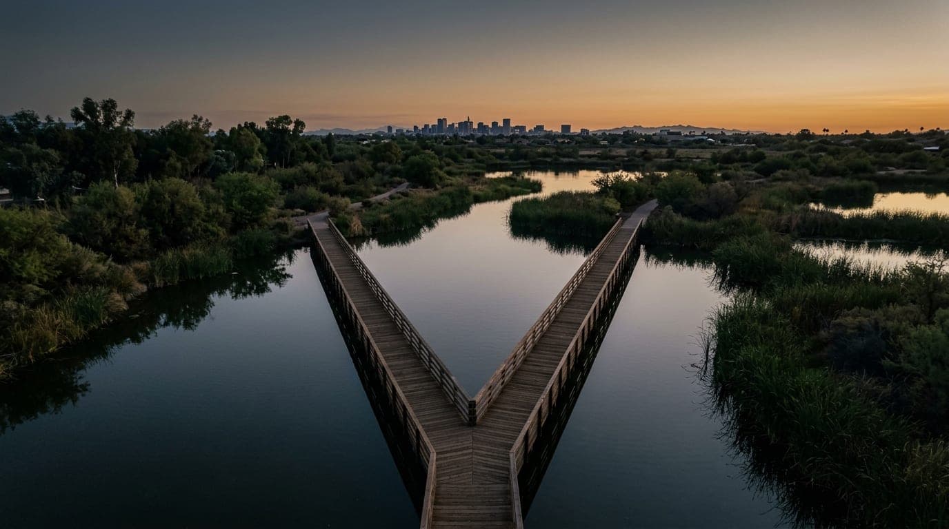 An overhead 24mm wide-angle flat-lay of the Riparian Preserve’s walking trails at overcast dawn. Symmetrical wooden boardw...
