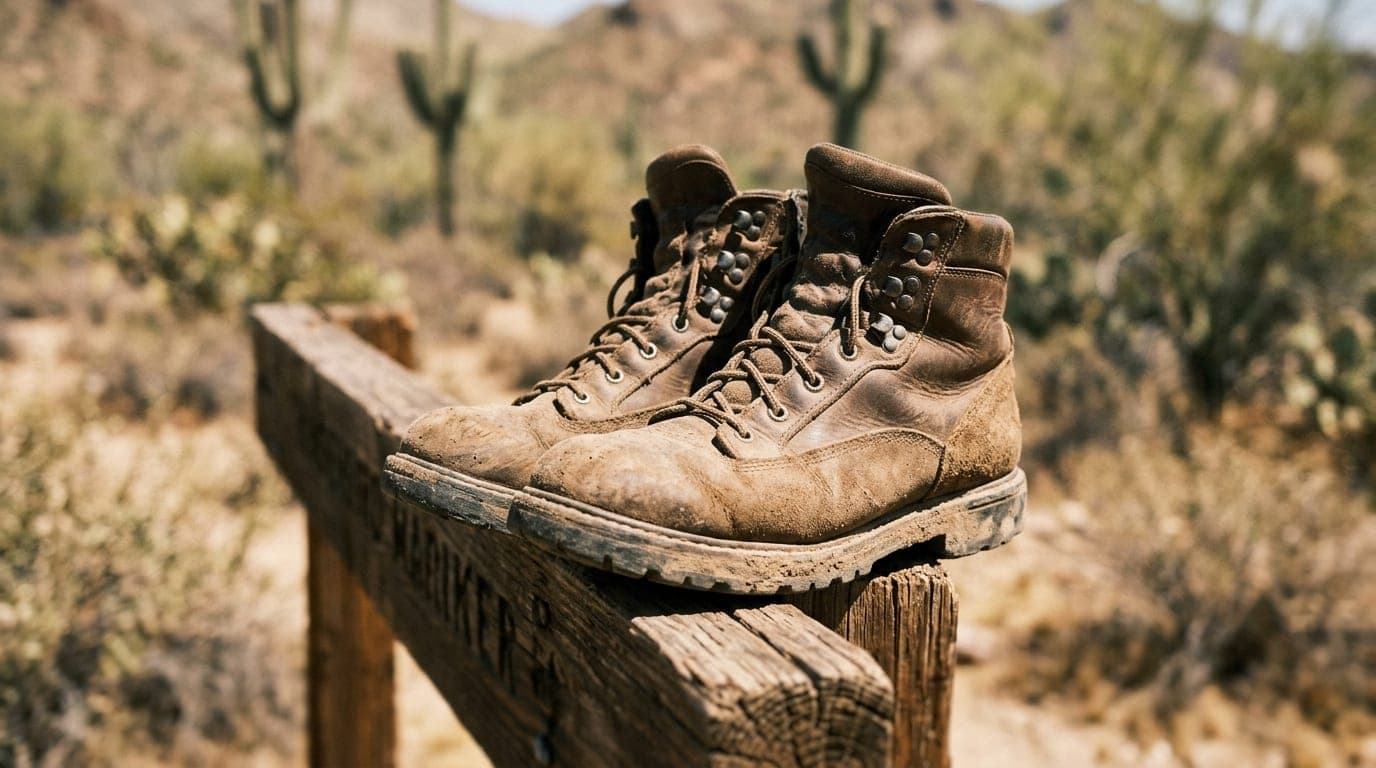 A close-up, tilt-shift shot of a dusty pair of hiking boots resting on a Thunderbird Conservation Park trail marker. Noon...