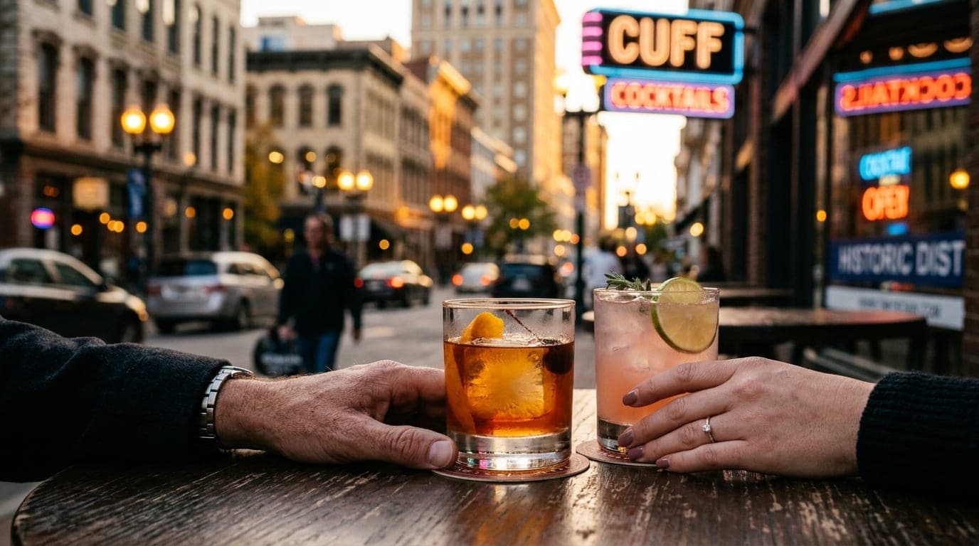 A 35mm documentary shot at golden hour captures two cocktail glasses resting on a dark bistro table at Cuff. A couple’s ha...