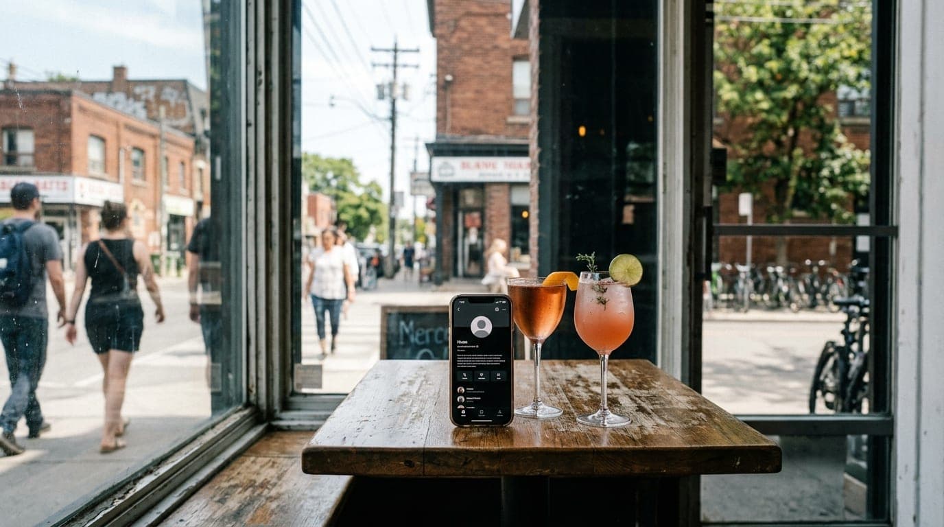 Centered symmetric shot through a Westgate storefront window at noon. An unedited smartphone screen displaying a detailed...