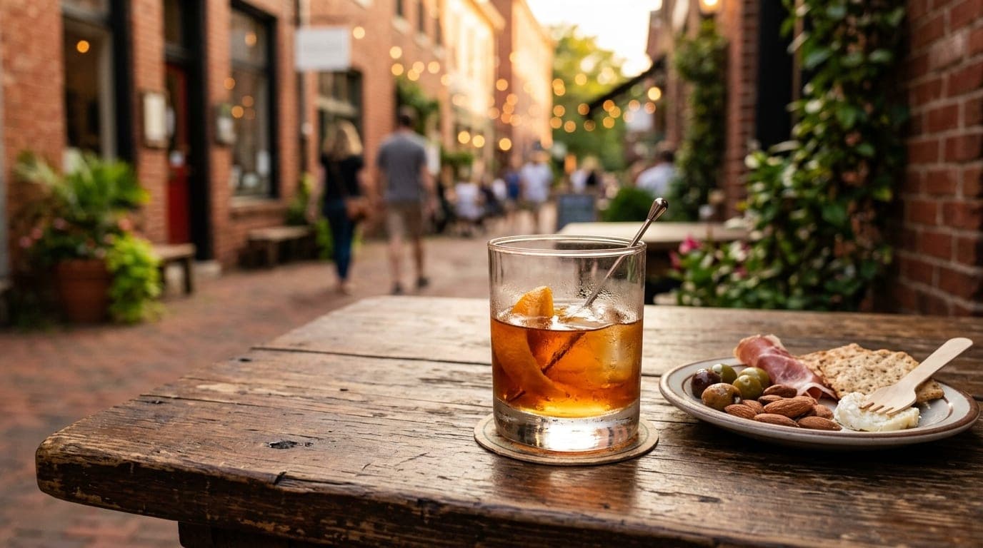 Golden hour illuminates a half-empty glass of amber cocktail and a small shared appetizer plate on a rustic wooden table i...