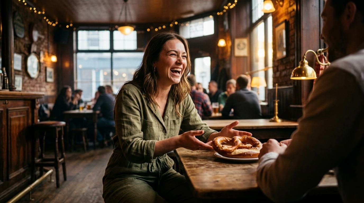 An 85mm portrait captures a woman in a casual linen jumpsuit laughing over a shared pretzel at a wooden table in Haus Murp...