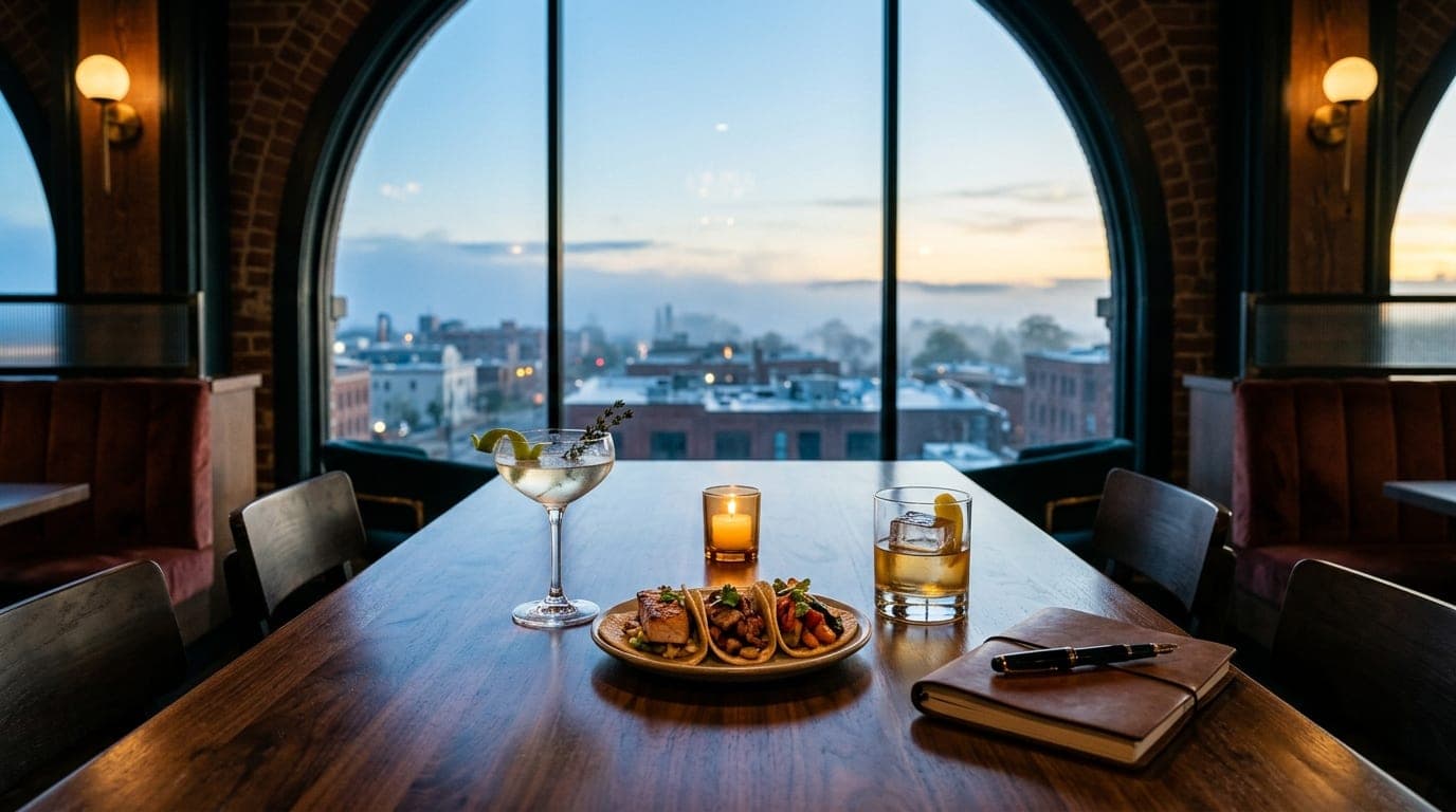 A medium shot, centered and symmetrical, capturing a polished wooden table at The Union Social House. Two half-empty craft...