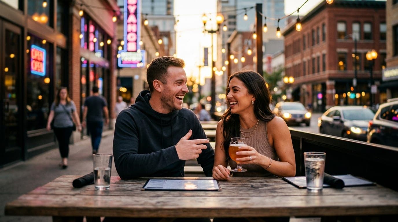 A tilt-shift, late afternoon shot captures a couple in high-end athleisure laughing at a Yard House outdoor table. Leading...
