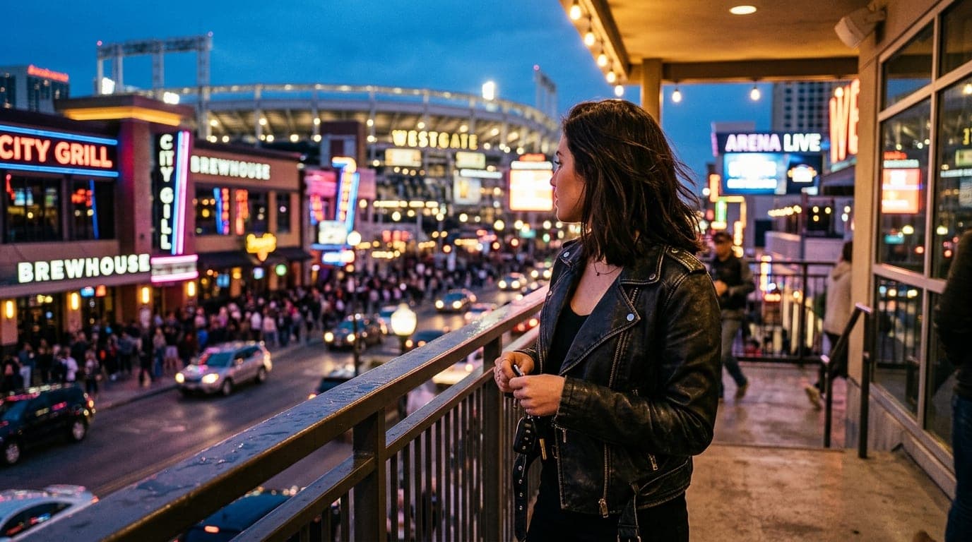A woman in a leather jacket stands at the edge of a bright Westgate balcony, clutching her car keys, while the blurred, ne...