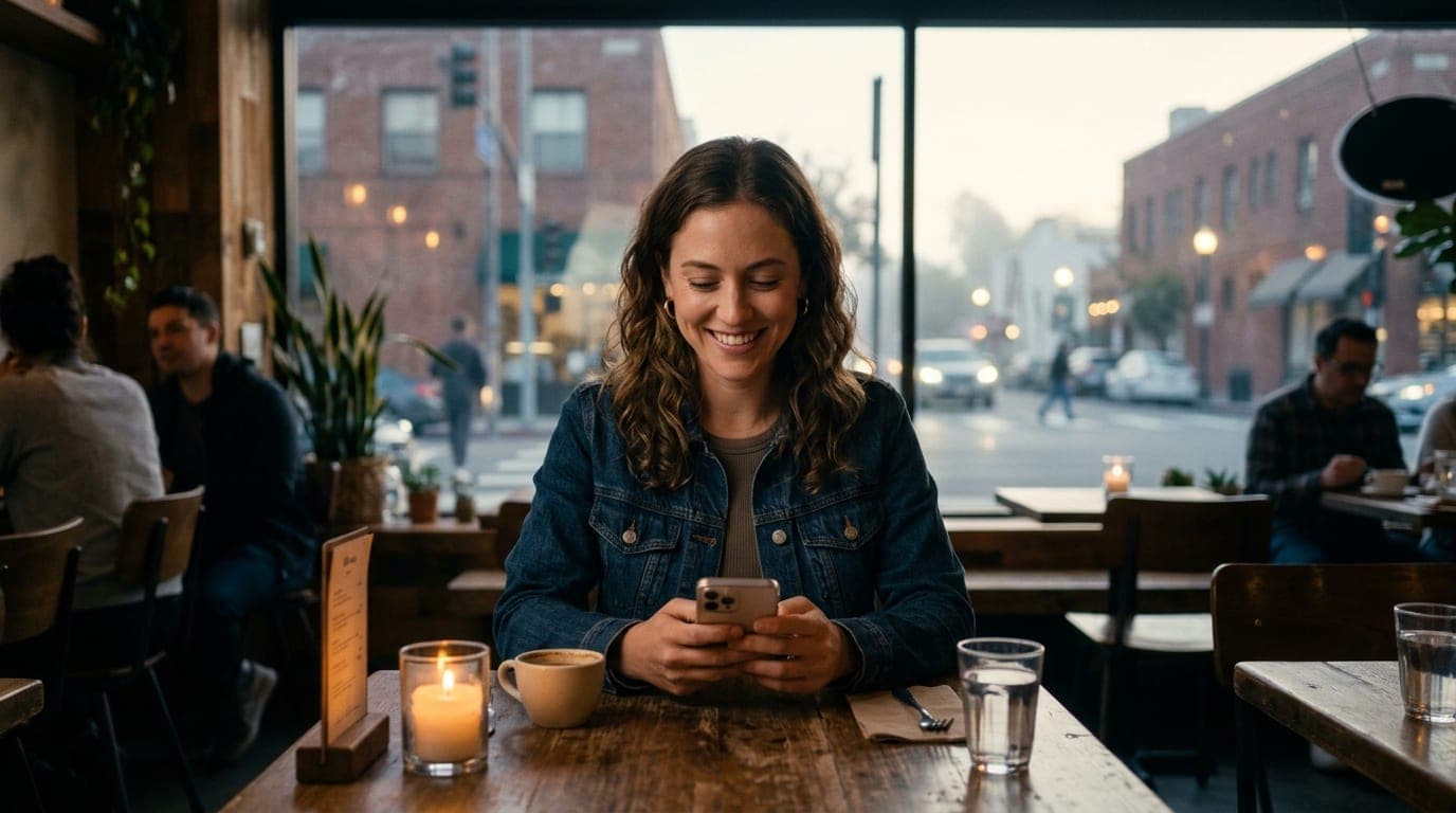Centered medium shot, 24mm lens. A woman in a casual denim jacket sits at a candle-lit cafe table, smiling while scrolling...