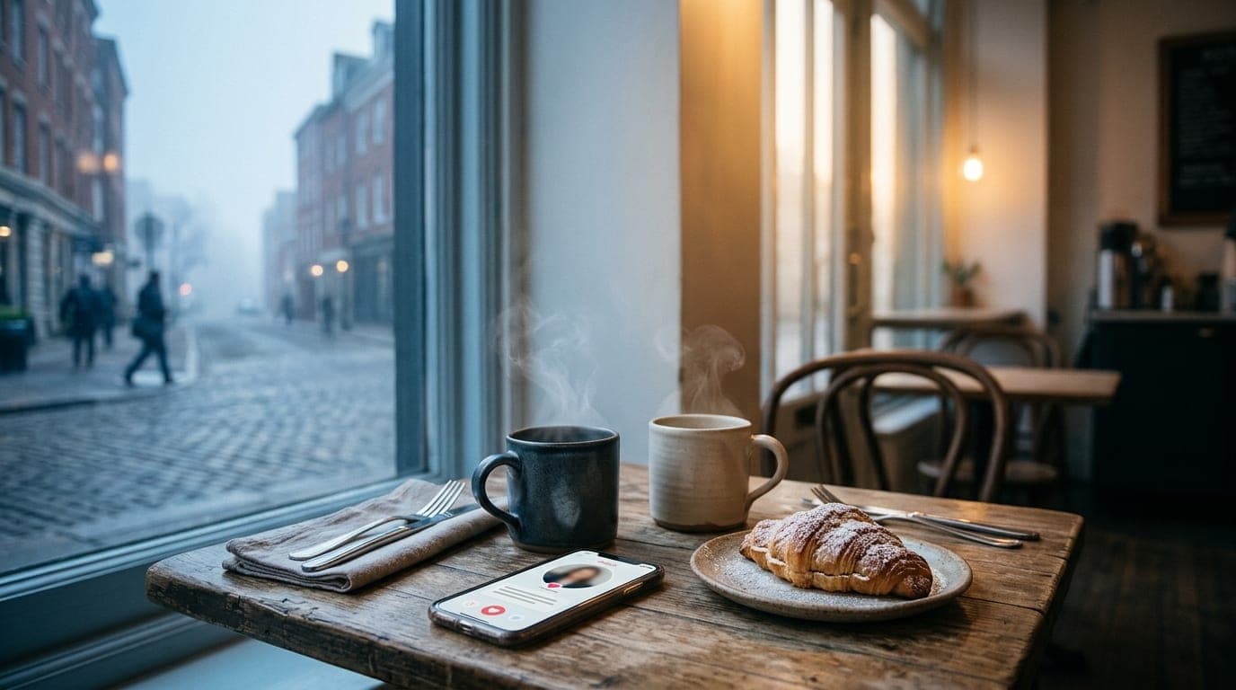 A pair of steaming ceramic coffee mugs rests on a rustic wooden bistro table at Union Coffee Co. A smartphone displaying a...