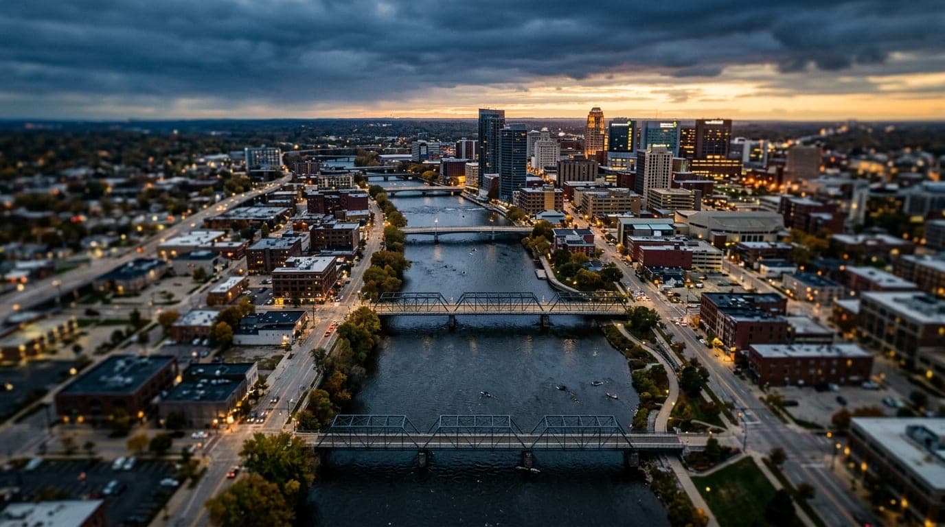 Overhead tilt-shift view of the Grand River winding through downtown Grand Rapids at overcast dawn, with crisp leading lin...